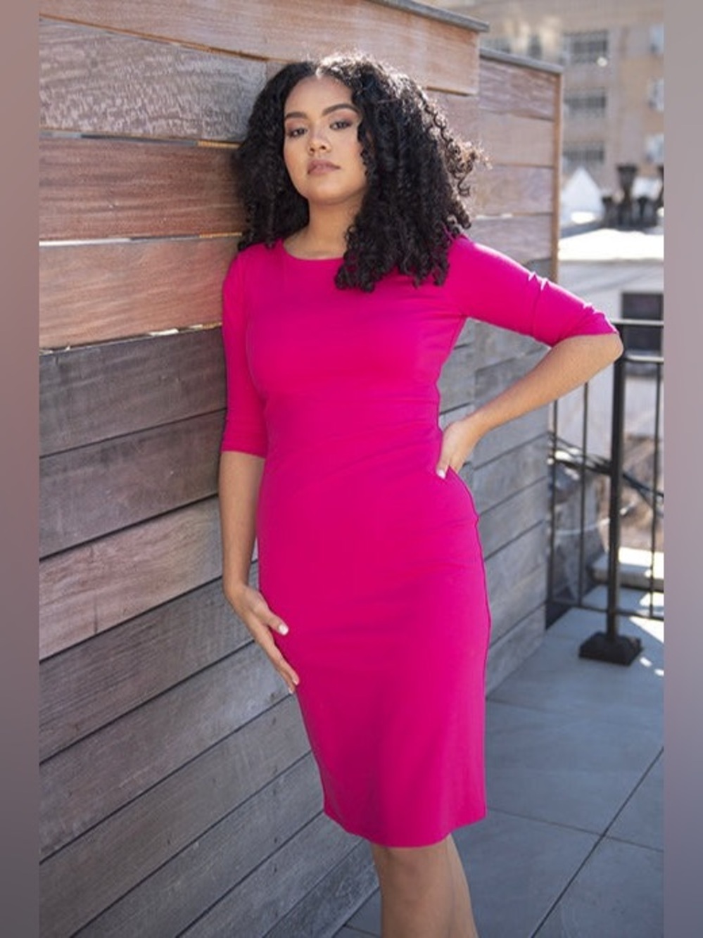 Nora Gardner Lydia Dress, Fitted Midi Dress In Color Lipstick Pink Sz 2